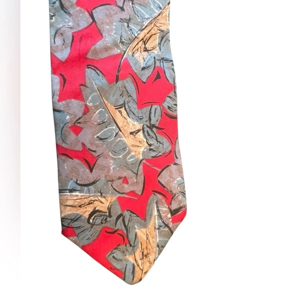 ❤️CHRISTIAN DIOR stylish vintage colorful men’s silk tie. Red. tan, Gray-teal.